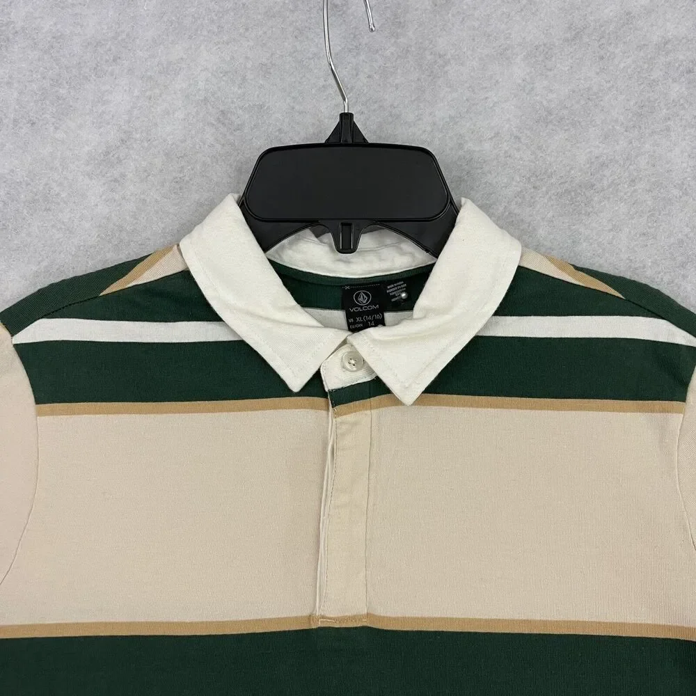 Volcom Polo Shirt Girls Size XL 14-16 Long Sleeve Beige Striped Rugby NEW